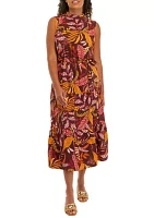 Women's Leaf Print Belted Sleeveless Dress