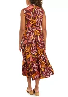 Women's Leaf Print Belted Sleeveless Dress