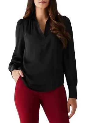 Women's Shirred Split Neck Long Sleeve Blouse