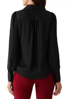 Women's Shirred Split Neck Long Sleeve Blouse