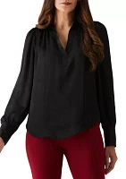 Women's Shirred Split Neck Long Sleeve Blouse