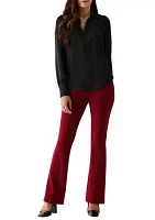 Women's Shirred Split Neck Long Sleeve Blouse