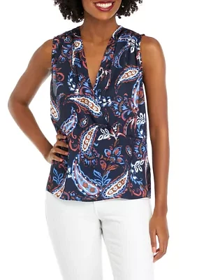 Women's Paisley Print Pleated Satin Sleeveless Shell Top