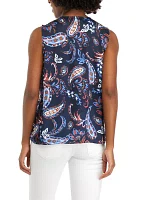 Women's Paisley Print Pleated Satin Sleeveless Shell Top