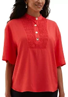 Women's Smocked Banded Collar Short Sleeve Top