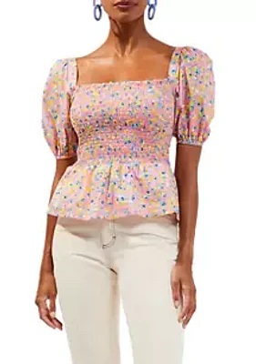 French Connection Puff Sleeve Floral Square Neck Peplum Top