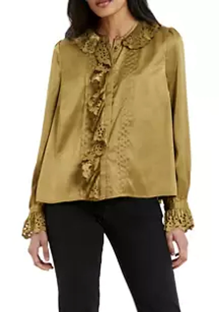French Connection Aleeya Satin Lace Ruffle Blouse