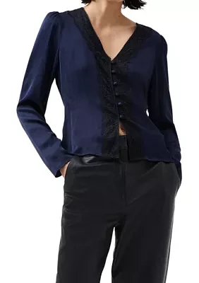 Ennis Satin Long Sleeve V-Neck Blouse