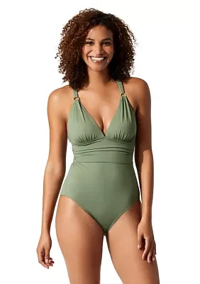 Paradise Fronds V-Neck Cross Back One Piece Swimsuit