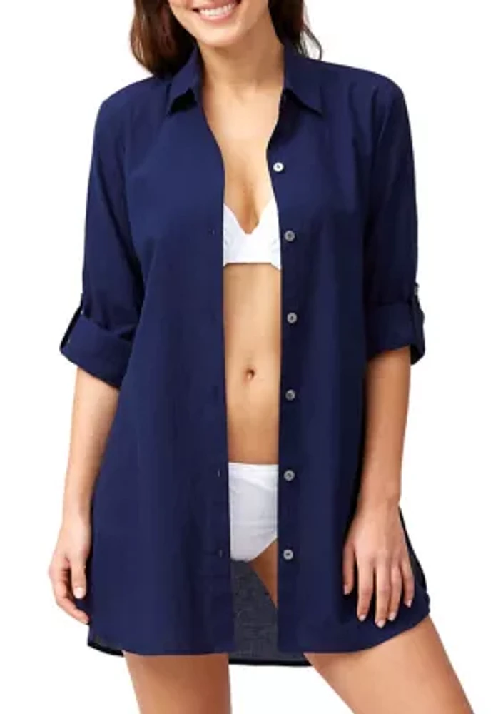 Crinkle Cotton Button Front Swim Shirt Cover Up