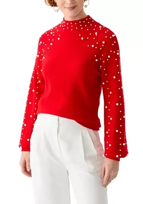 Women's Mock Neck Pearl Embellished Sweater