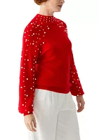 Women's Mock Neck Pearl Embellished Sweater