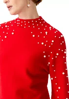 Women's Mock Neck Pearl Embellished Sweater