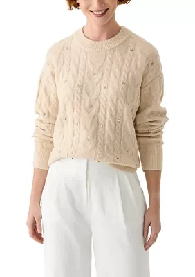 Women's Embellished Crew Neck Cable Knit Sweater