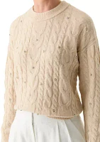 Women's Embellished Crew Neck Cable Knit Sweater