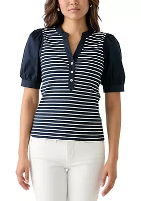 Women's Stripe Ribbed Knit Poplin Top
