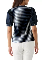 Women's Stripe Ribbed Knit Poplin Top
