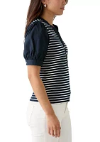 Women's Stripe Ribbed Knit Poplin Top