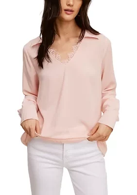 Women's Lace Trim Long Sleeve Blouse