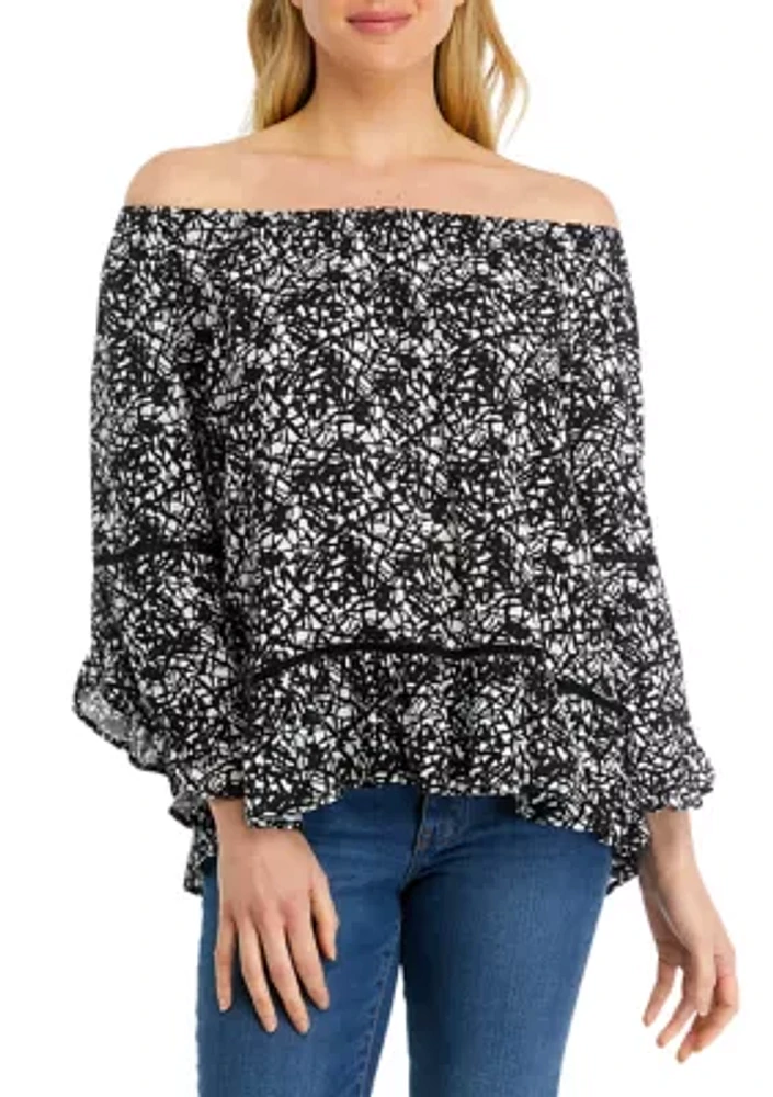 Women's Off the Shoulder Printed Ruffle Sleeve Blouse