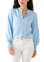 Petite Long Sleeve Button Front Top