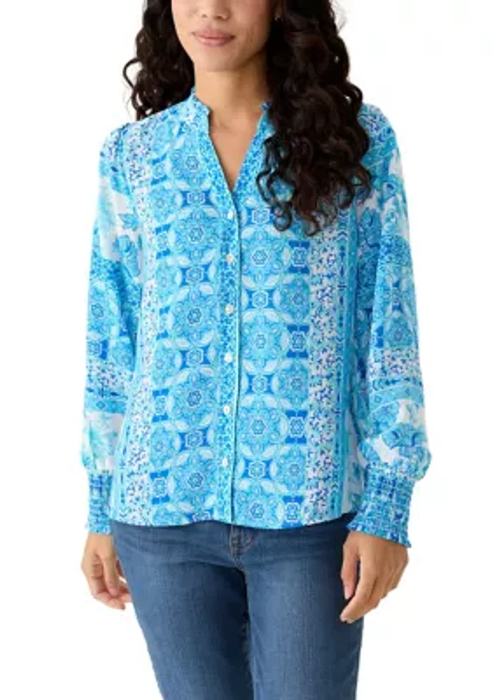 Petite Printed Long Sleeve Button Down Blouse