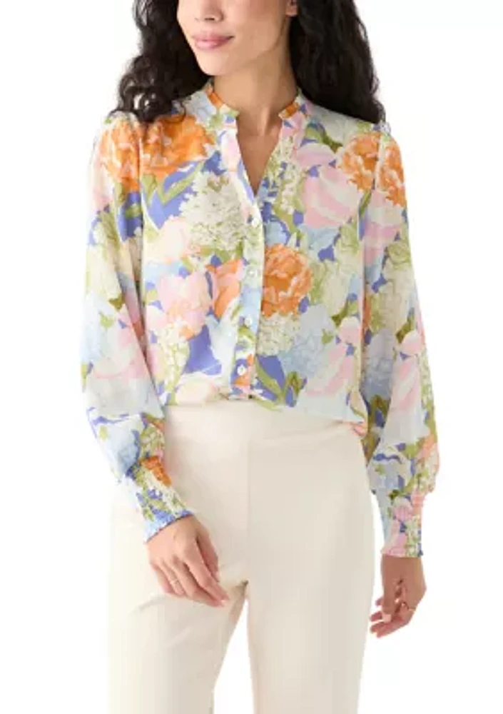 Petite Long Sleeve Button Front Printed Blouse