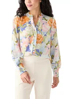 Petite Long Sleeve Button Front Printed Blouse