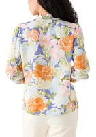 Petite Long Sleeve Button Front Printed Blouse