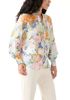 Petite Long Sleeve Button Front Printed Blouse