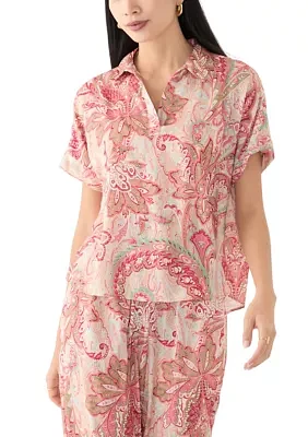 Petite Poplin Sleeve Knit Top with Button Placket
