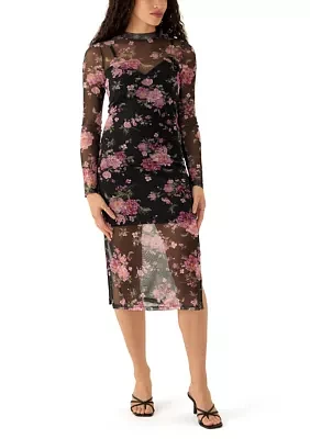 Women's Long Sleeve Printed Mesh Bodycon Dress