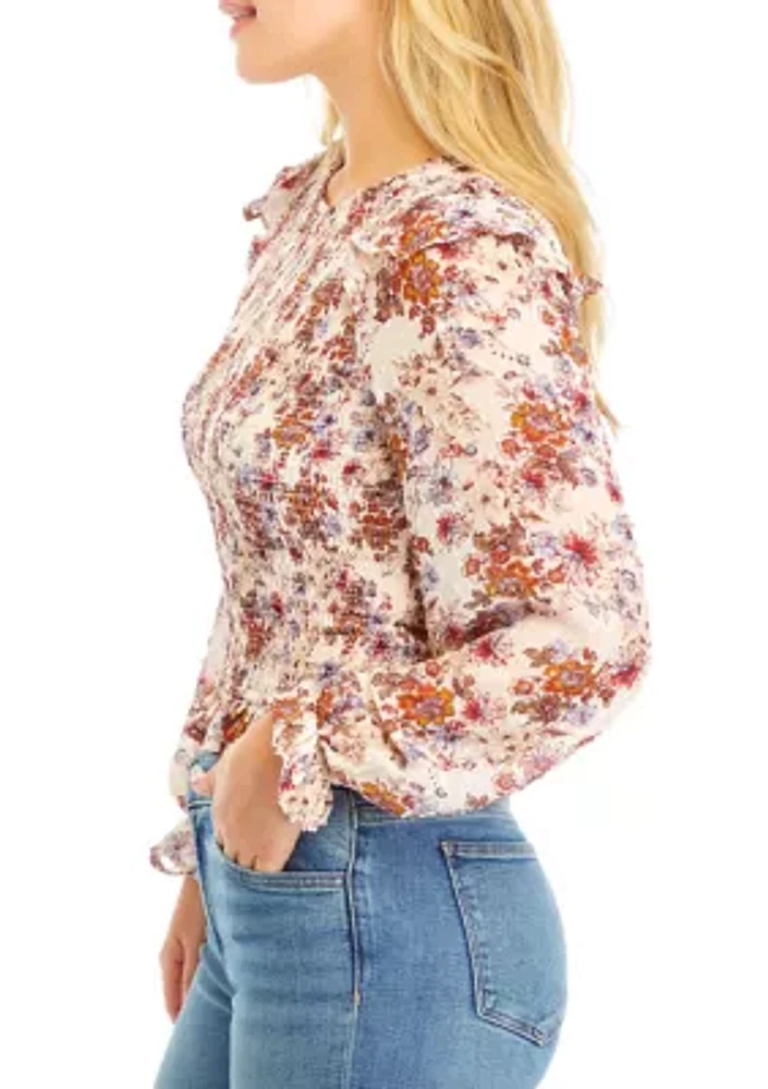 Women's Blouson Sleeve Floral Smocked Top