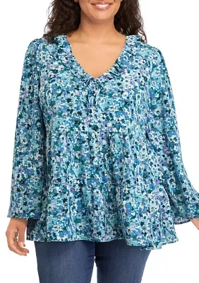 Plus Flare Sleeve Floral V-Neck Top