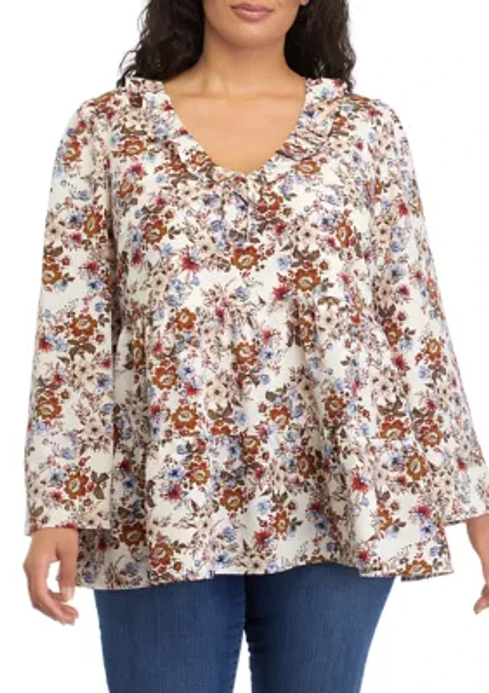 Plus Flare Sleeve Floral V-Neck Top