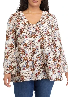 Plus Flare Sleeve Floral V-Neck Top