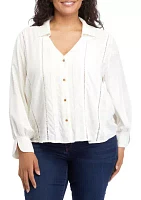 Plus Collar Peasant Blouse with Mix Media