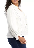 Plus Collar Peasant Blouse with Mix Media