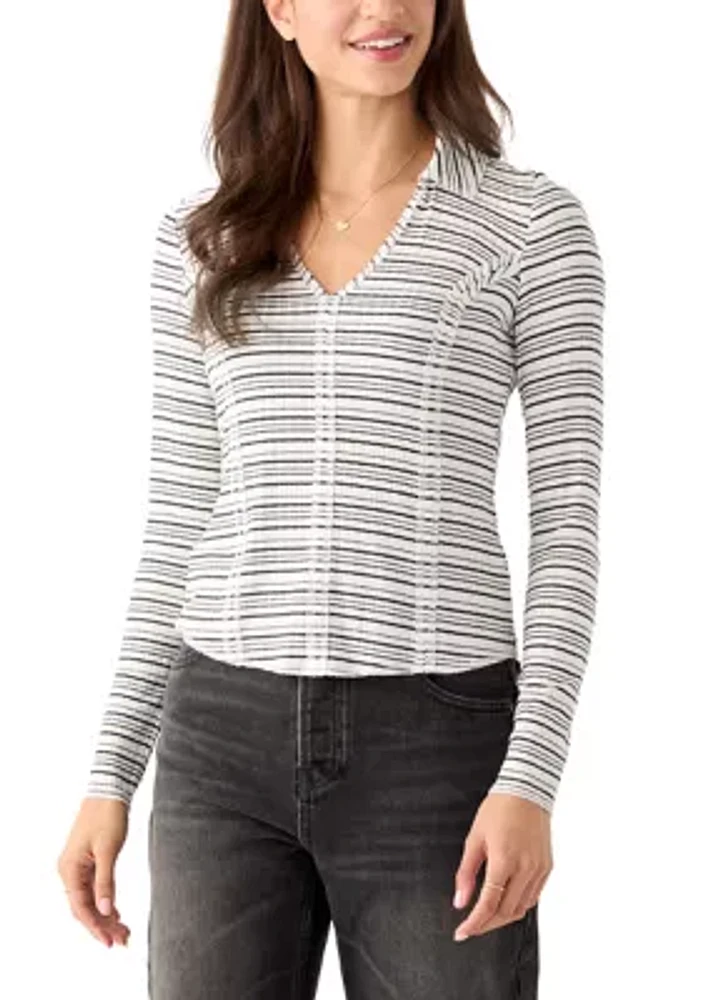 Women's Johnny Collar Long Sleeve Stripe Top