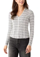 Women's Johnny Collar Long Sleeve Stripe Top