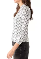 Women's Johnny Collar Long Sleeve Stripe Top