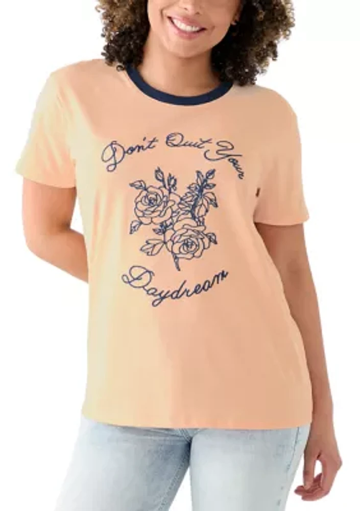 Women's Drop Shoulder Don't Quit Your Daydream Graphic Ringer T-Shirt