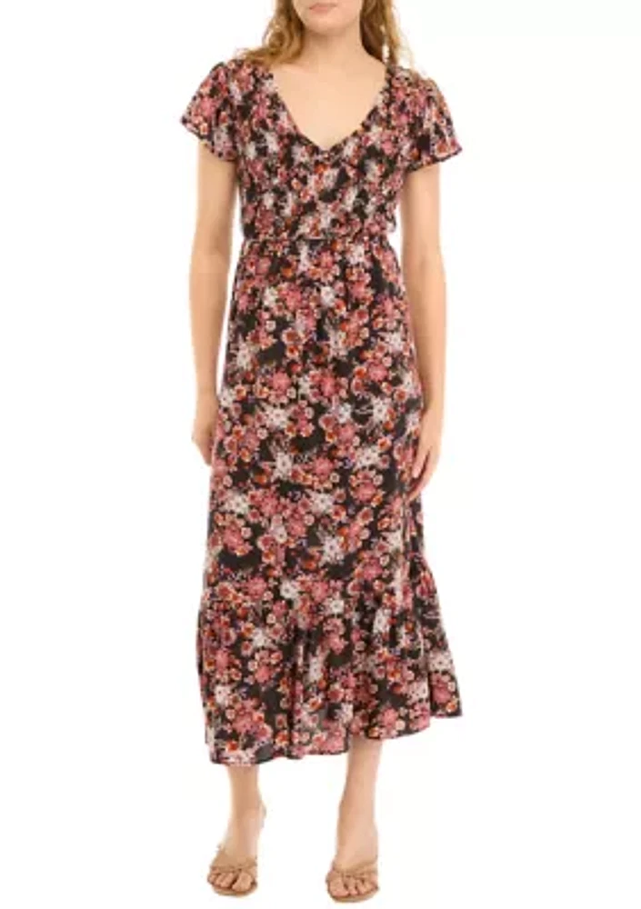 Women's Flutter Sleeve Floral Smocked Midi Dress