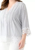 Plus 3/4 Sleeve Crochet Trim Woven Blouse