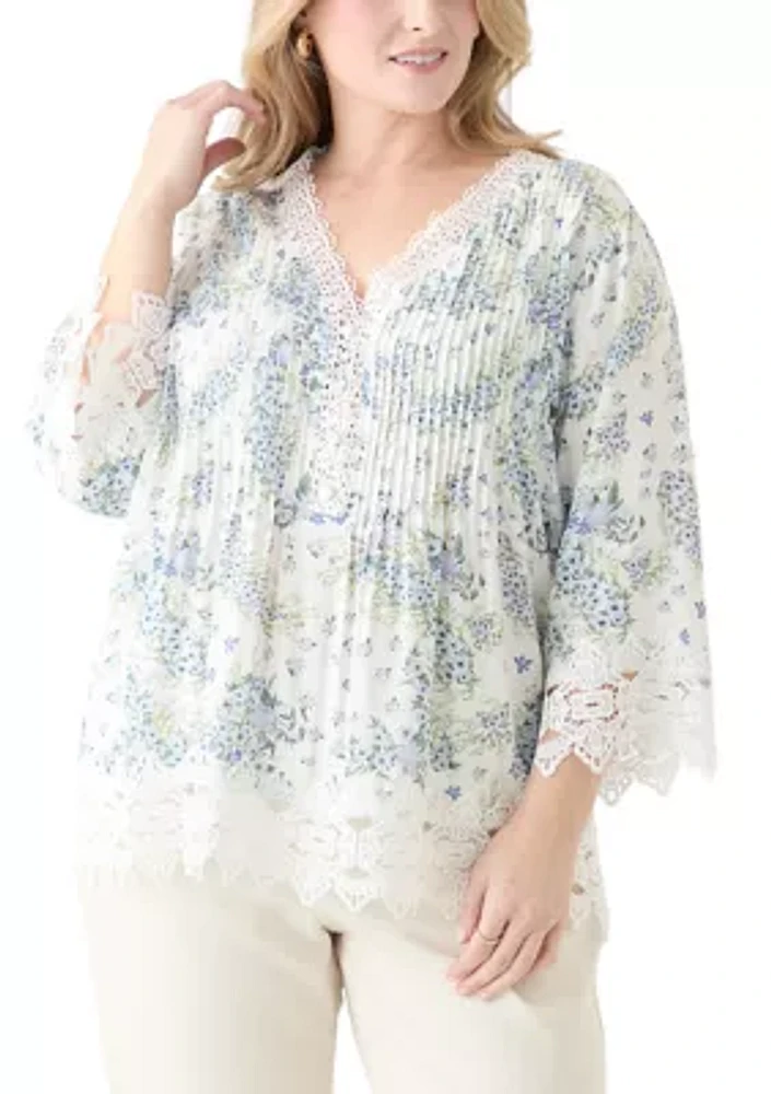 Plus 3/4 Sleeve Crochet Trim Woven Blouse