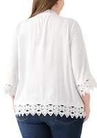 Plus 3/4 Crochet Trim Woven V-Neck Blouse