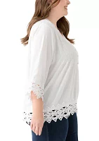 Plus 3/4 Crochet Trim Woven V-Neck Blouse