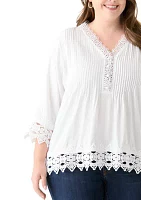 Plus 3/4 Crochet Trim Woven V-Neck Blouse