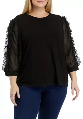 Plus 3/4 Sleeve Woven Ruffle Jersey Top