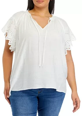 Plus Short Embroidered Sleeve Split Tie-Neck Top with Crochet Neck Detail